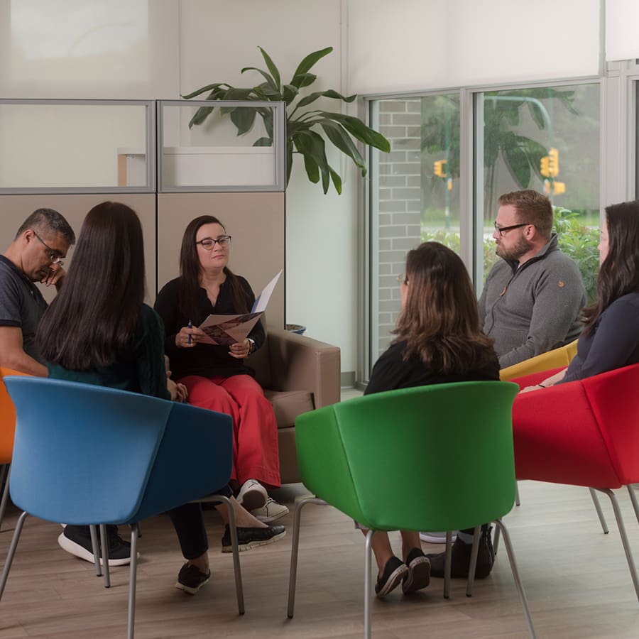 group discussion with people sharing and thinking